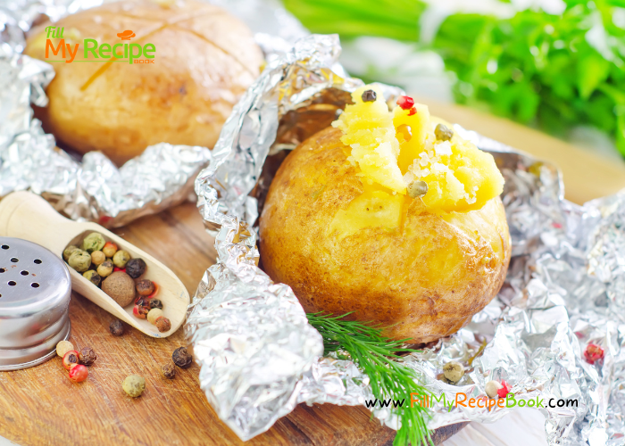 Baked Potato in Foil on Coals recipe for a braai or a barbecue on hot grill. Potato with skin on in foil baked on coals as a side dish idea.