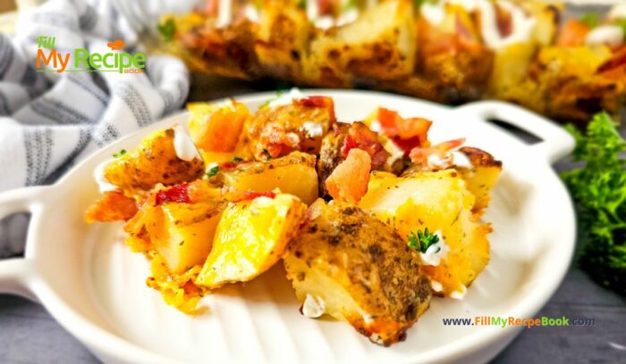 Potato with Bacon cheese Dish recipe to create for a lunch or dinner. Homemade side dish, oven baked meal for families, large gatherings.