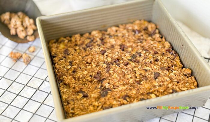 Healthy Banana Oat Bars Recipe to create for snack or treats. Sugar free with almond butter and chocolate chips, granola for breakfast snack.