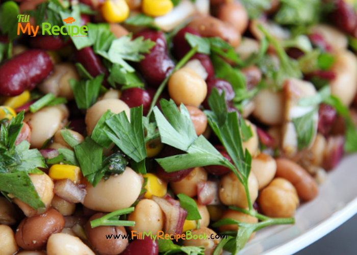 Three Bean Salad and Dressing recipe is quick an easy side dish. The three beans with onion, celery, and parsley and best salad and dressing. Also will keep for a few days covered in the fridge.