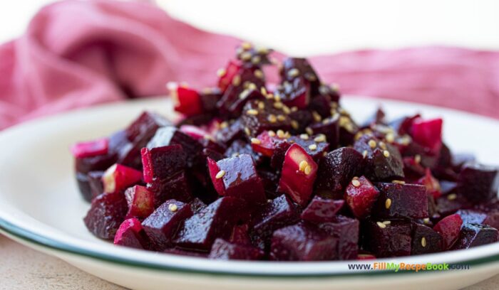 Beetroot Salad with Honey Mustard Dressing recipe idea. Healthy roasted beet sides for main meals with honey, dijon, cider dressing.