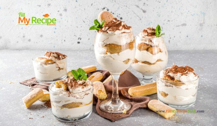 Delicious Tiramisu Trifle in a Glass for individual servings as a dessert. A mini trifle made with finger biscuits, mascarpone cream, and espresso.