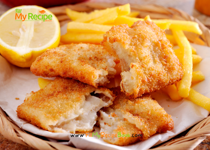 Fried Fish and Chips with Salad recipe idea. Best battered fried fish fillets with sides of chips, Greek salad and lemon, fresh from the sea.

