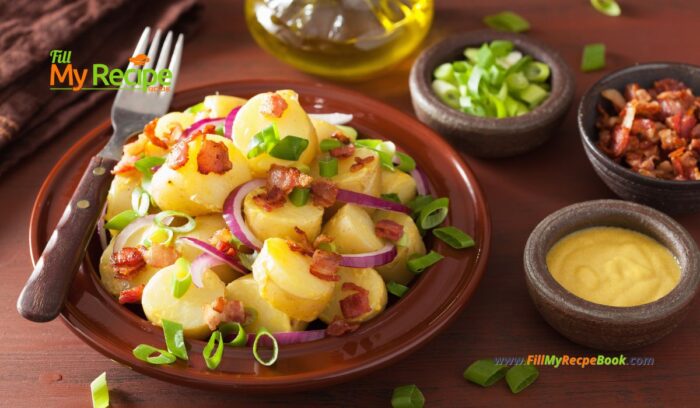 A warm Potato Salad Bacon Bits and Vinaigrette recipe idea. Easy, no egg, no mayonnaise with a flavorful mustard, maple syrup, dressing.