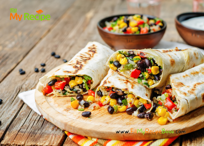 Make these Black Bean Corn Burrito Wraps recipe. A lunch or crunchy breakfast meal. Easy tortilla vegetarian or vegan no bake recipe.