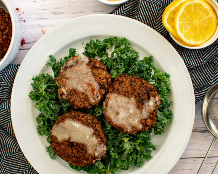 Lentil Cakes with Garlic Sauce recipe. A simple, crispy vegan dish featuring quinoa, soy sauce, and a dairy-free sauce, packed with flavor.