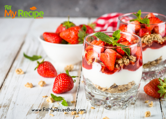 An Easy Muesli Yogurt Parfait Breakfast recipe idea for a special Day. Simple and healthy meal with Greek yogurt and strawberry fruit.