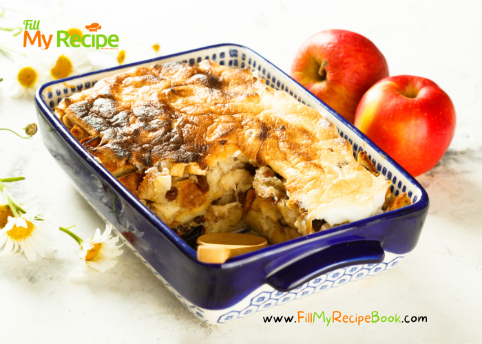 Bread pudding and Apple Bake Recipe. Simple of old fashion breakfast or even a dessert with vanilla sauce and raisins casserole dish.