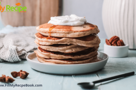 Maple Syrup Drizzled Pancakes recipe. A breakfast with pancakes and syrup or honey and a tower of pancakes with ingredients between for a meal.