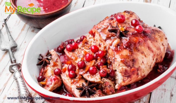 Apple Cranberry Stuffed Chicken Breast recipe. An easy bake idea with grilled chicken stuffed with honey, mustard and fruit mixture.