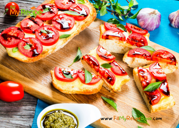 Caprese Garlic Bread Recipe for the best and tastiest snack or appetizer. A simple grilled garlic oiled baguette slice topped cheese, tomato.