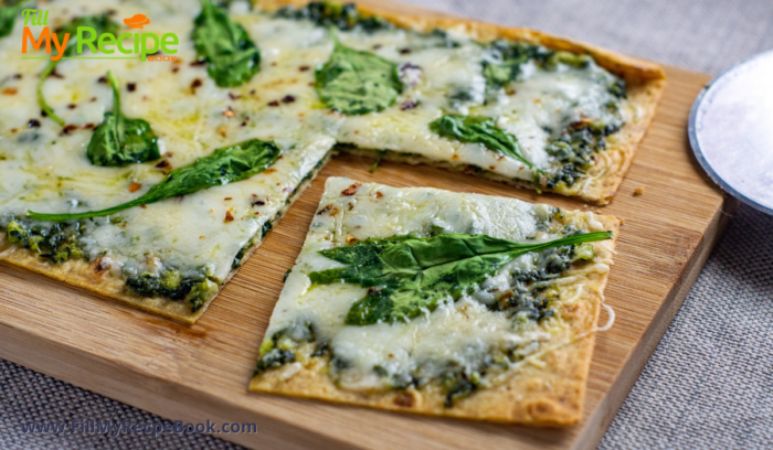 Quick and Easy Pesto Flatbread snack recipe. Healthy and tasty oven baked bread idea for appetizer or meal for a vegetarian or other.