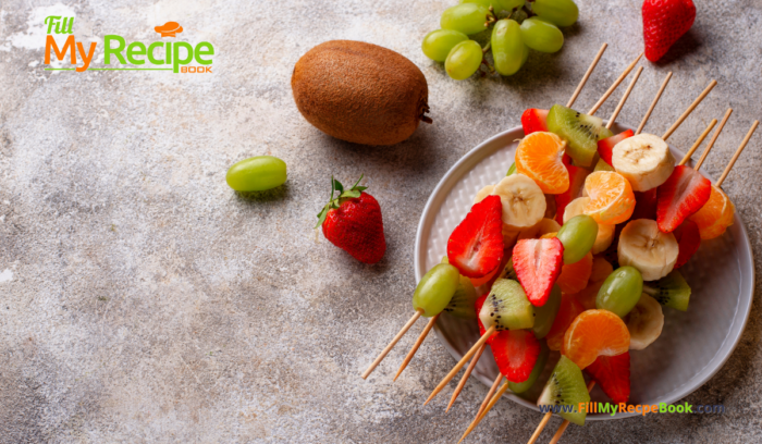 Simple Fruit Skewers Appetizers recipe idea with a yogurt dip. A homemade fruit snack or dessert that is kid safe, a platter for a party.