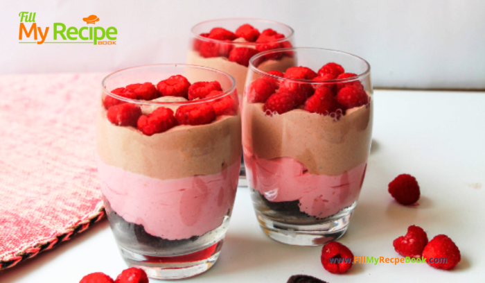 Chocolate Raspberry Cheesecake Parfait recipe. Easy no bake parfait dessert, layered whipped cream and cream cheese, with raspberries.