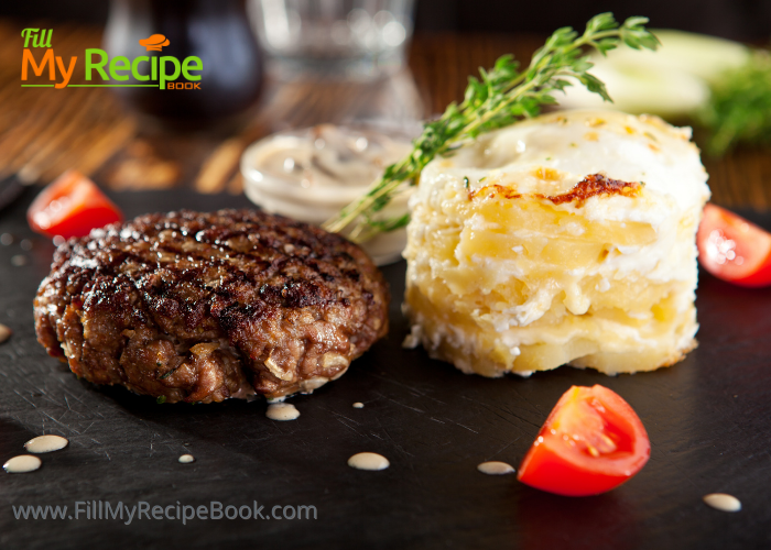 Beef Fillet Garlic Potato fine dining recipe. Easy baked potato dish plated with a seared grilled beef fillet with mushroom sauce.