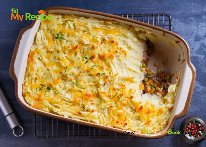 Homemade Cottage Pie Dish recipe idea to bake for lunch or dinner. Easy and tasty ground beef with mash and parmesan casserole.