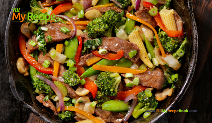 Summer Beef Strips Stir Fry recipe. An easy and quick healthy warm meal for lunch or dinner for a family with vegetables and steak and sauce