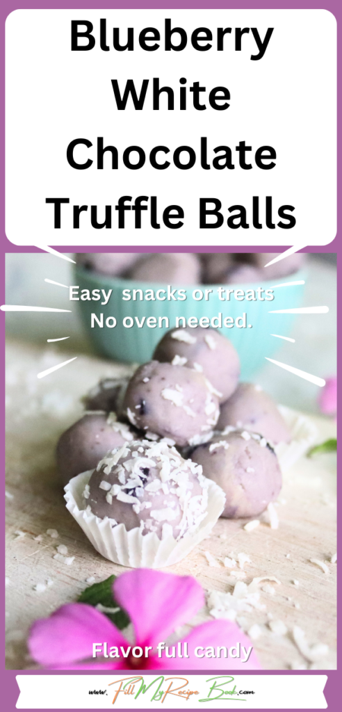 Blueberry White Chocolate Truffle Balls recipe. Easy candy to create, a no bake dessert or snack, with the best flavors rolled in coconut.