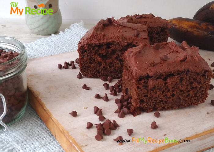 Chocolate Banana Cake Recipe with Chocolate Chips, frosted with chocolate cream cheese icing. An easy and healthy moist chocolate cake.