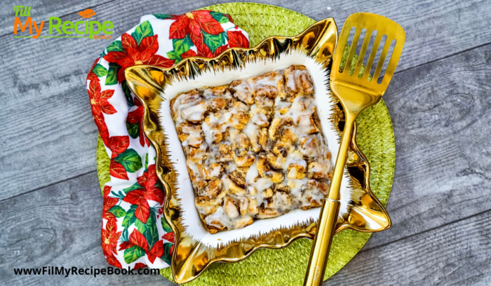 Cinnamon Roll Breakfast Casserole. A quick and easy recipe to bake a cinnamon roll casserole dish with bought buns decorated.