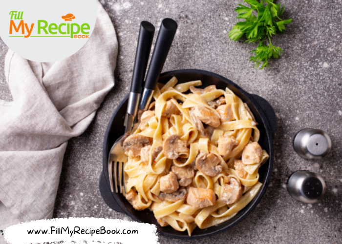 Creamy One Pot Pasta Chicken and Mushrooms recipe. An easy no bake tagliatelle pasta or noodles cooked in coconut milk for lunch or dinner.