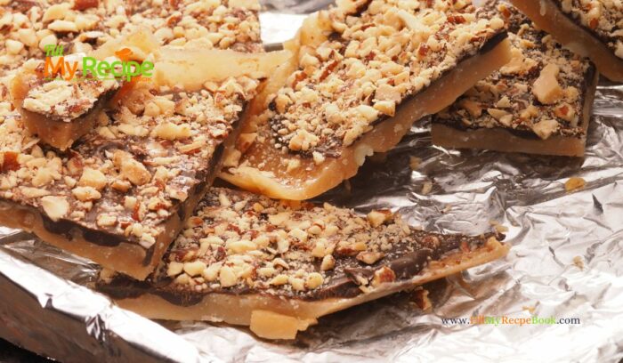 Homemade Chocolate Toffee Almond Bars on a shortbread base recipe. An easy candy topped cookie bar that taste like toffee, with nuts for snacks.