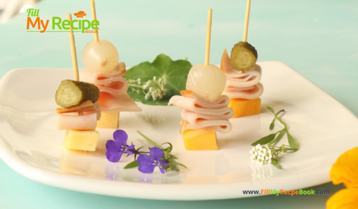 Make these Easy Savory Toothpick Appetizers Ideas or finger foods recipe. Bite size cold foods for a party with turkey, cheese on pickles.