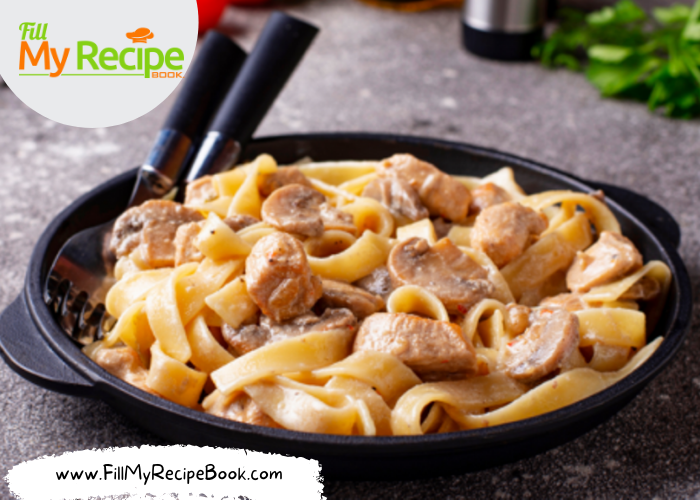 Creamy One Pot Pasta Chicken and Mushrooms recipe. An easy no bake tagliatelle pasta or noodles cooked in coconut milk for lunch or dinner.