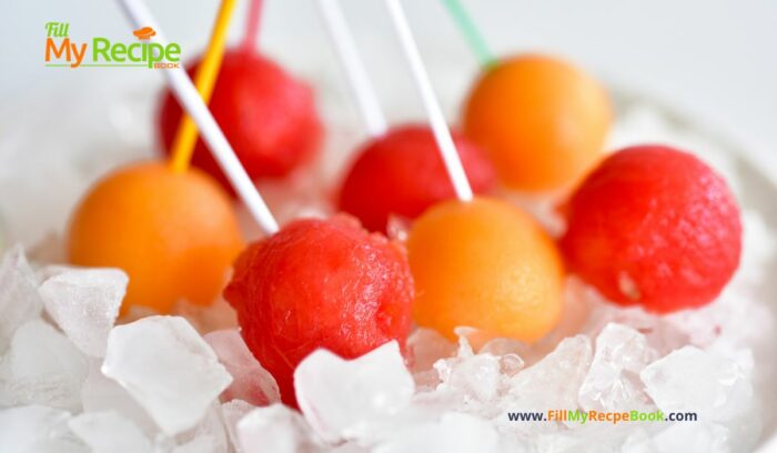 Watermelon and Melon Balls Appetizers recipe on toothpicks or skewers for a cool thirst quenching summer snack to hydrate in the hot days.