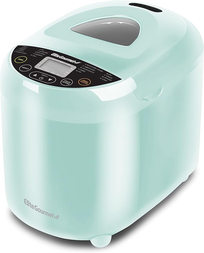 Elite Gourmet EBM8103M Programmable Bread Maker Machine. 3 Loaf Sizes, 19 Menu Functions Gluten Free White Wheat Rye French and more, 2 Lbs, Mint.

