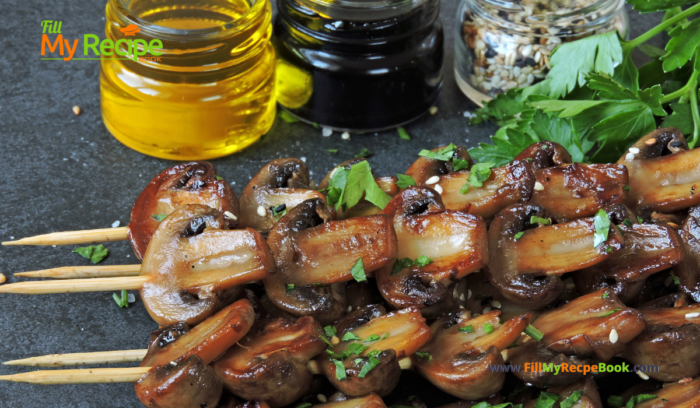 Grilled Sliced Button Mushroom Kebabs recipe idea for a braai or barbecue. A healthy and tasty side dish or appetizer on skewers for a meal.