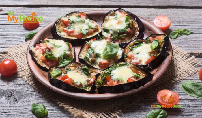 Easy Mini Eggplant Pizza recipe idea. A very simple oven bake healthy vegetarian or gluten free snack or side dish filled with vitamins.