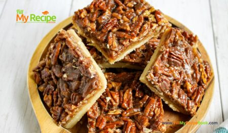 Easy Shortbread Pecan Bars recipe. A shortbread crust topped with pecan nuts, honey, cream and brown sugar for a healthy snack bar.