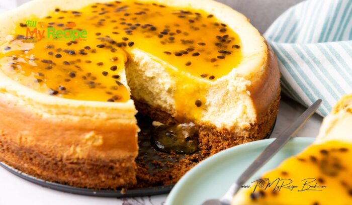 A delicious Oven Baked Passion Fruit Cheesecake recipe for a dessert. A biscuit base with cream cheese and passion fruit, topped to perfection.