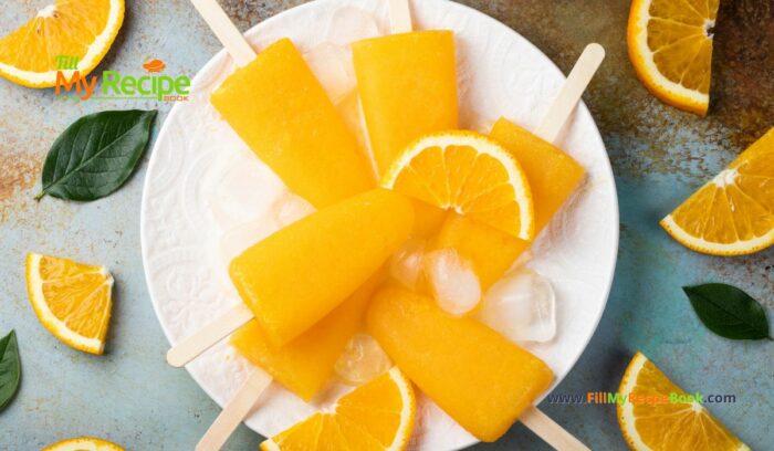 Simple Homemade Orange Popsicles recipe. A Summer time snack with fresh orange juice, frozen ice cream for kids and adults to enjoy.