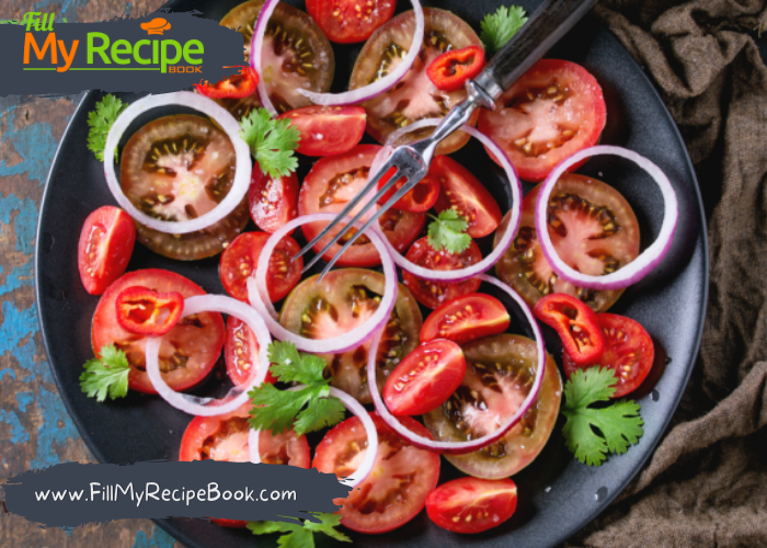 Simple Tomato and Onion Salad recipe with spiced balsamic dressing. Easy side dish idea for a braai, barbecue, healthy South African recipe.