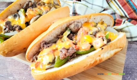 Homemade Cheesesteak Roll or sandwich recipe. The best easy idea for a roll up for lunch or a sub with melted cheese and sliced steak.