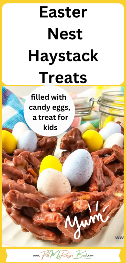 Easter Nest Haystack Treats recipe. No bake chocolate birds nests with all bran for snacks filled with candy eggs, a treat for kids.