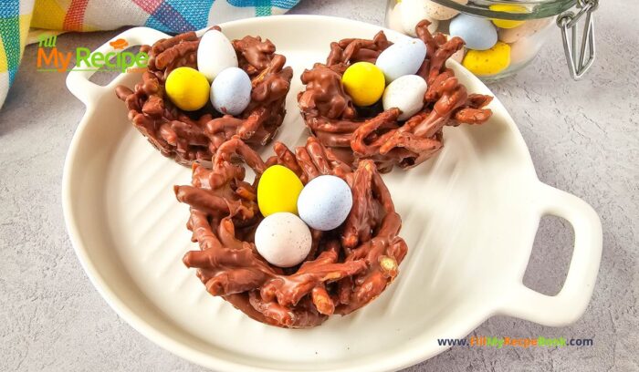 Easter Nest Haystack Treats recipe. No bake chocolate birds nests with all bran for snacks filled with candy eggs, a treat for kids.