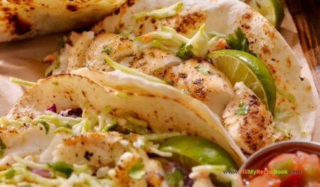Fish Tacos with Slaw Lemon Zest recipe idea. An easy taco dish with left over fish and cabbage slaw with cilantro and dressing for a lunch.