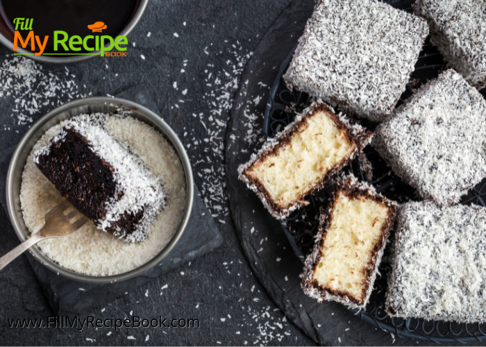 The Best Mini Chocolate Coated Lamingtons recipe for a fine dining dessert. A chocolate sauce recipe to dip them in and coat with coconut.