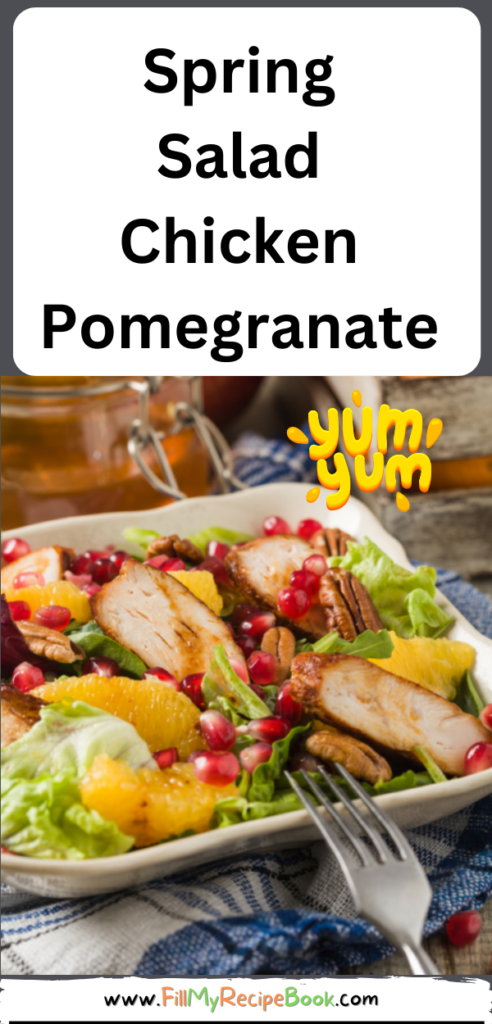 Spring Salad Chicken Pomegranate Honey recipe idea for summer or spring. Healthy side dish has orange, nuts, lettuce and a drizzle of honey.