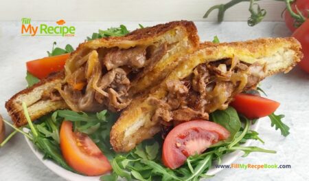 Beef Philly Cheesesteak Sandwich Pockets recipe idea for lunch. Caramelized onions, pan fried bread pockets filled with juicy steak strips.