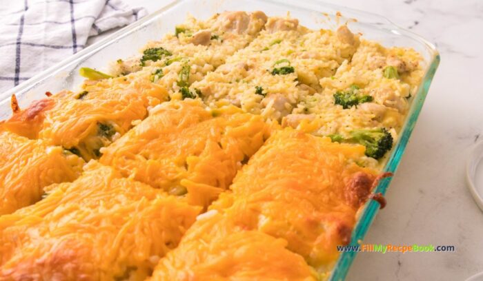 Creamy Chicken Broccoli Rice Casserole recipe idea that is an easy oven bake food for family meal, topped with cheese and herbs.