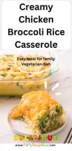 Creamy Chicken Broccoli Rice Casserole recipe idea that is an easy oven bake for family meal, topped with cheese and herbs.
