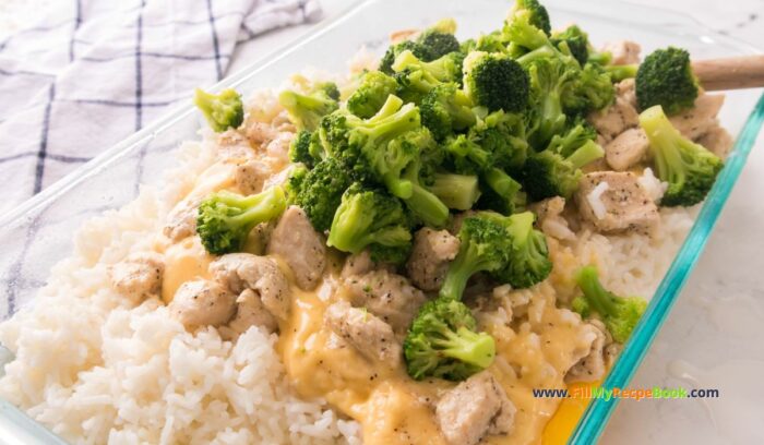 Creamy Chicken Broccoli Rice Casserole recipe idea that is an easy oven bake food for family meal, topped with cheese and herbs.