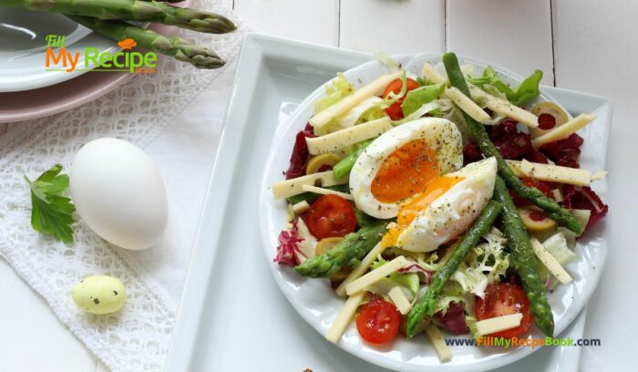 Easter Holiday Spring Breakfast Salad recipe idea. A healthy easy bowl of salad for brunch with egg and sautéed asparagus with a dressing.