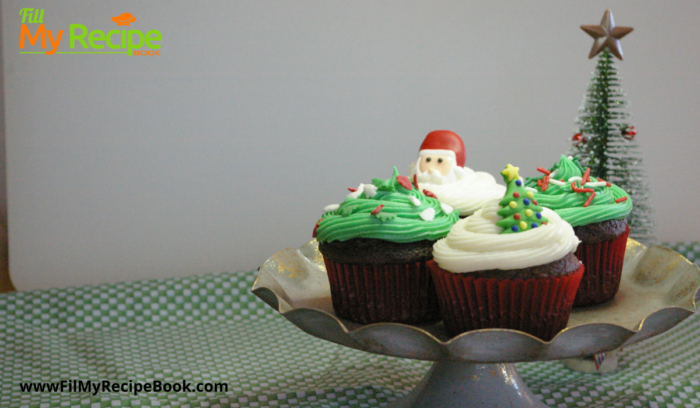 Decorated Christmas Chocolate Cupcakes with buttercream frosting and some Christmas colors included for your decoration.