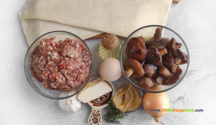 ingredients, Tasty Grilled Beef Wellington Burger Recipe Idea for ground beef patties. Puff pastry wellington for a lunch or dinner with salad.