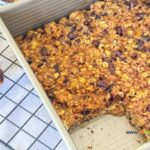 Healthy Banana Oat Bars Recipe to create for snack or treats. Sugar free with almond butter and chocolate chips, granola for breakfast snack.